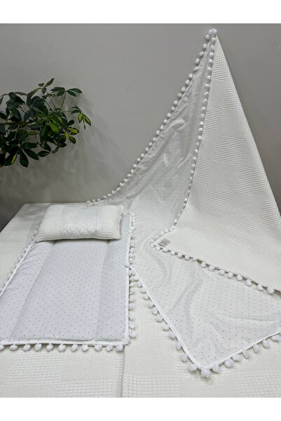 BUSEBABYHOME Poplin Fabric and Pompom Bottom Cover, Pillow and Blanket Set of 3