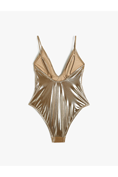 Koton Shiny V-Neck Thin Strap Swimsuit - With Removable Pads