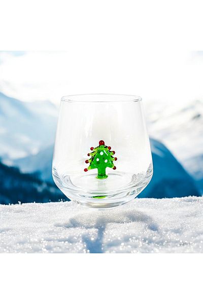 Polonezköy Cam Sanat Merkezi Glass Cup with Christmas Tree Figure - Decorative New Year Soft Drink Cup