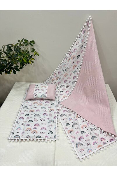 BUSEBABYHOME Poplin Fabric and Pompom Bottom Cover, Pillow and Blanket Set of 3
