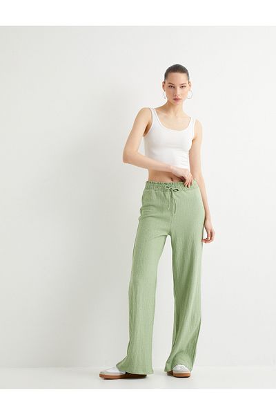 Koton Wide Leg Trousers Tie Waist Elastic Comfortable Fit Cotton Textured
