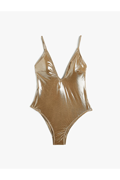 Koton Shiny V-Neck Thin Strap Swimsuit - With Removable Pads