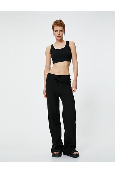 Koton Wide Leg Trousers Tie Waist Elastic Comfortable Fit Cotton Textured