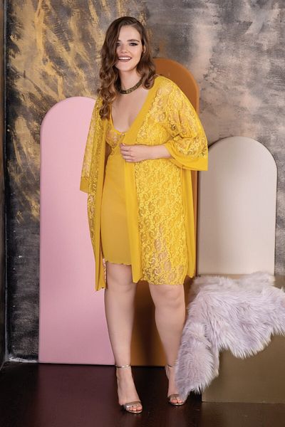 SiaLess Lingerie Women's Sexy Dowry Plus Size Nightgown Yellow Nightdress Set