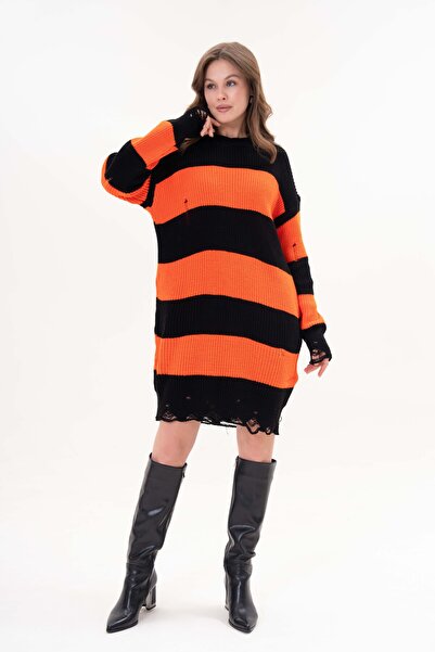 Secret Passion Lingerie Дамски вълнен пуловер с двойни райета, голям размер, с разкъсани детайли, 39480