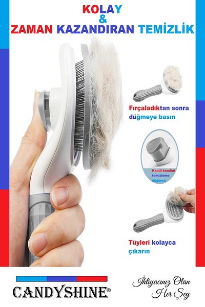 CandyShine Gray Button Pet Comb - Cat Dog Hair Collector, Self Cleaning