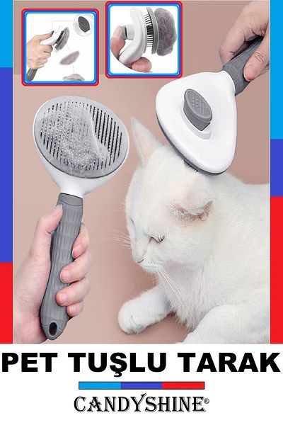 CandyShine Gray Button Pet Comb - Cat Dog Hair Collector, Self Cleaning