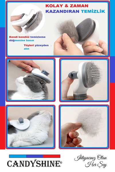 CandyShine Gray Button Pet Comb - Cat Dog Hair Collector, Self Cleaning