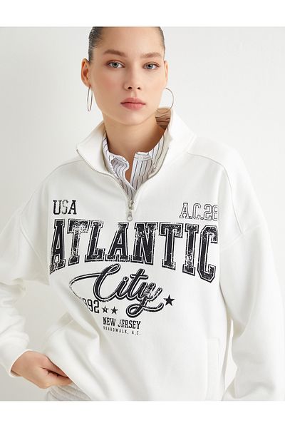 Koton Raised Half Zipper Sweatshirt College Themed Printed Comfortable Fit