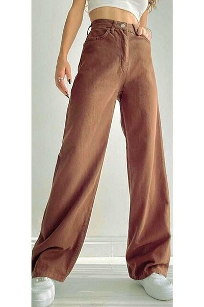 LİMABEL Καφέ γυναικείο φαρδύ Lycra 90's Super High Loose τζιν παντελόνι Palazzo