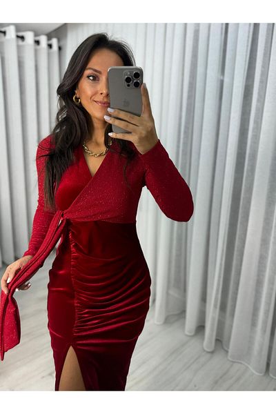 caddstore Red Draped Dress with Glitter Detail