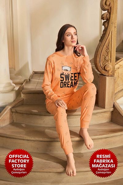 Aydoğan Women's Orange Rib Pajamas Set - Crew Neck, Long Sleeve B8- 240599   Aydogan ®