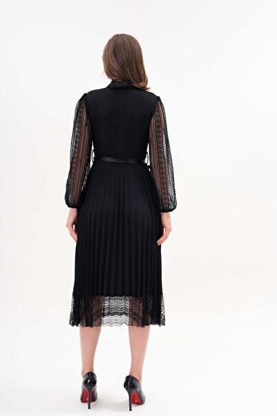 WOMAN VISION Dámské designové skládané krajkové černé šaty s dlouhým rukávem s páskem, dárek 57834