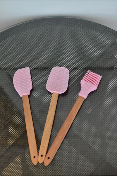 şirin eşyalarım 3-Piece Covered Large Size Bamboo Spatula Set / Pink