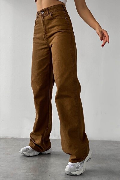 Trn JNS Cesy Lycra Women's Brown Super High Waist Loose Leg Denim Jeans Loose Trousers