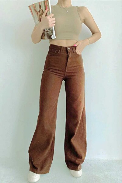 Trn JNS Brown Lycra Super High Waist Loose Jeans Palazzo Trousers