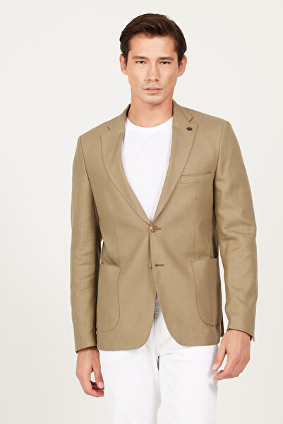ALTINYILDIZ CLASSICS Men's Khaki Slim Fit Narrow Cut Mono Collar Patterned Jacket