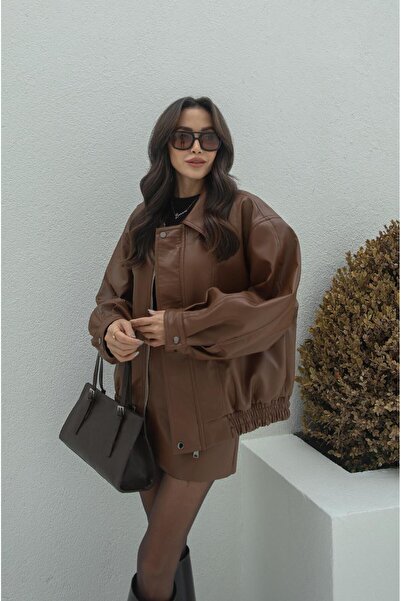 Havoş Δερμάτινο μπουφάν σε καφέ μεταλλικό κουμπί