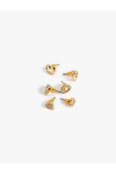 Koton Heart Ball Earrings Set 3 Pieces Rhinestoned Textured