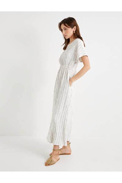 Koton Φόρεμα Viscose Midi - κοντό μανίκι, λαιμόκοψη, λεπτομέρεια δέσιμο στη μέση