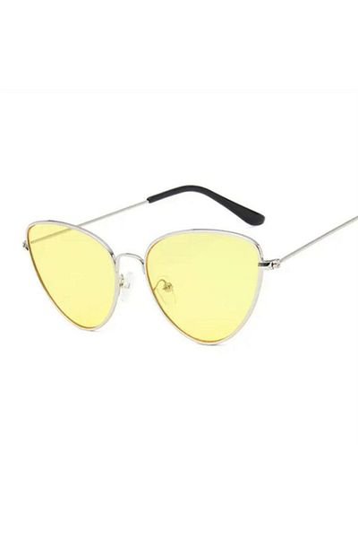 Köstebek New Squared Thin Gray Framed Cateye Sunglasses with Yellow Lens