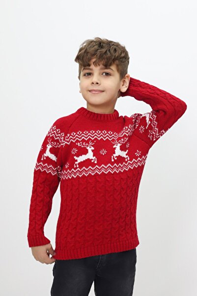 KURGAN TEKSTİL Erkek Çocuk Yılbaşı Temalı Bisiklet Yaka Triko Kazak