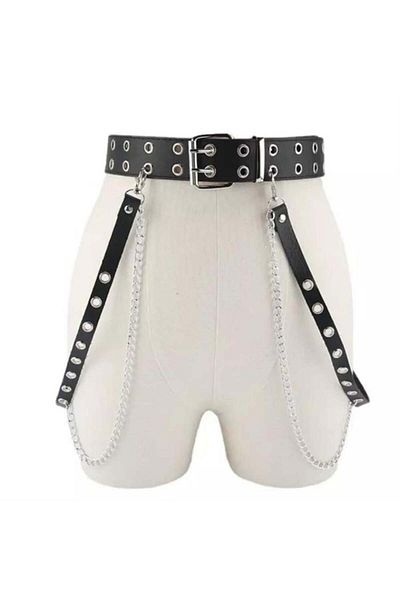 Köstebek Black Leather Belt - Triple with Eyelet Detail and Chain