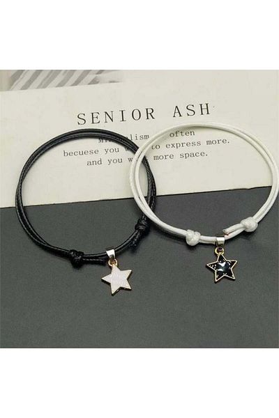 Köstebek Black and White Star Motif Double Bracelet