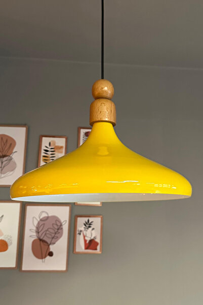 Bamyum Açık Sarı Kalın Ahşap Boncuk Tekli Avize Sarkıt Salon Mutfak Butik Lamba Aydınlatma Cafe