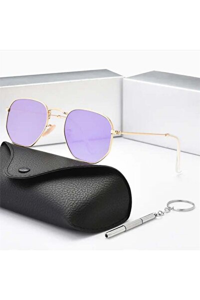 Köstebek New Gold Pentagonal Framed Purple Lens Sunglasses