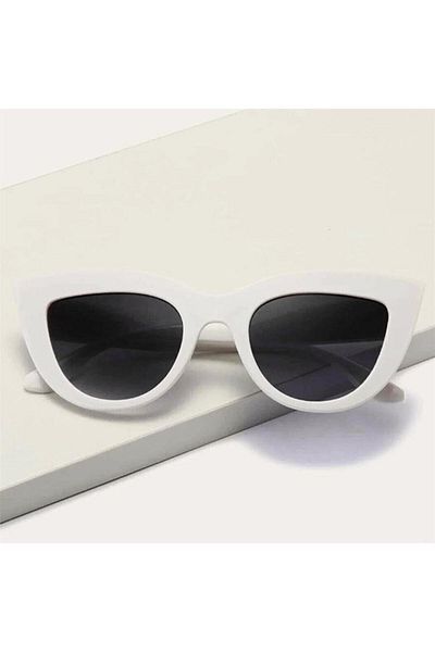 Köstebek Round Bone Cateye Sunglasses with White Frames and Black Lenses