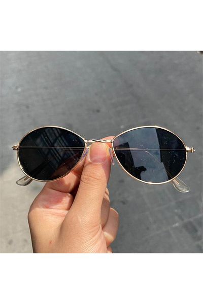 Köstebek Oval Gold Framed Twist Bridge Black Lens Sunglasses