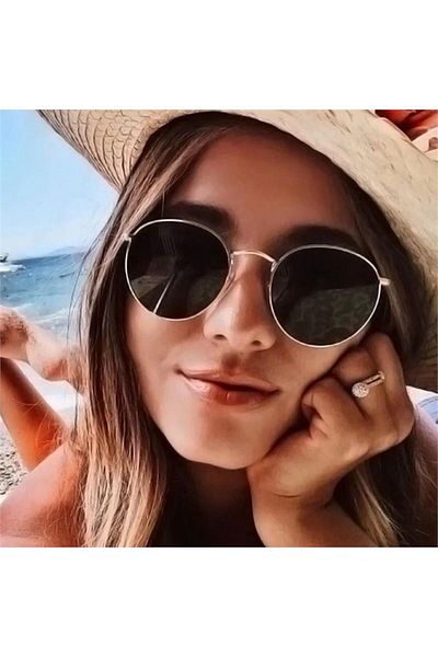 Köstebek Gold Classic Round Framed Black Glass Sunglasses