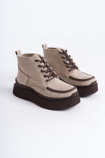 Lizzu Μπεζ καφέ γυναικείες φλατ μπότες - Lace-Up Design, Bacika