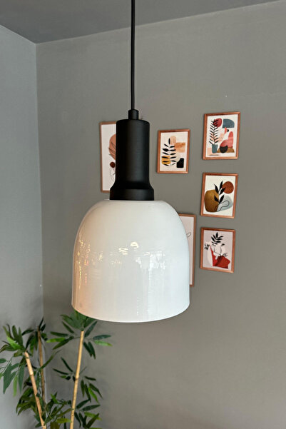 Bamyum Deep Beyaz Fener Siyah Başlık Tekli Avize Sarkıt Salon Mutfak Butik Lamba Aydınlatma Avizeler