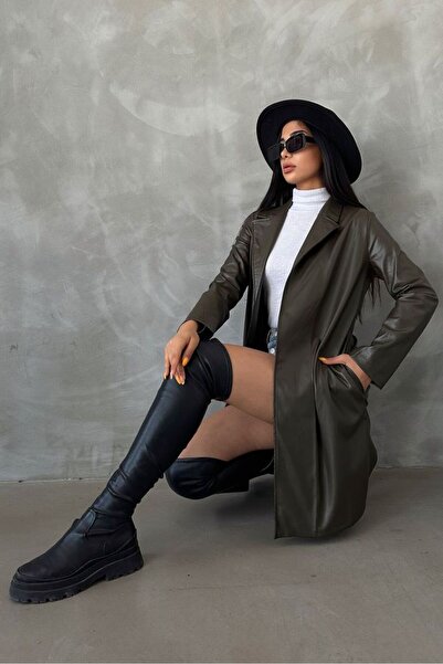 HAN EXCLUSİVE Haki deri rahat kalıp kaban