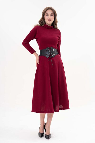 lovebox Claret Red Knitwear Midi φόρεμα - ελαστικό, όρθιο γιακά, μακρυμάνικο και ζώνη 134