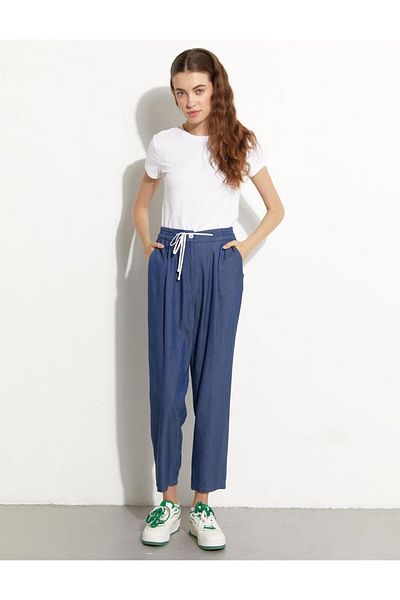 Kayra Elastic Waist Denim Trousers Navy Blue