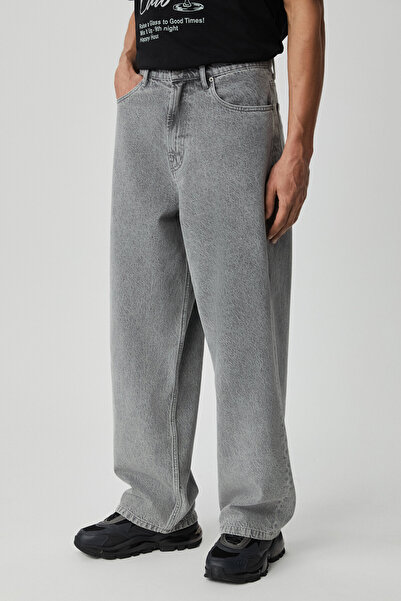 GRIMELANGE Mıkal Men's Baggy Wide Leg Thick Textured 100% Cotton High Quality Gray Jeans