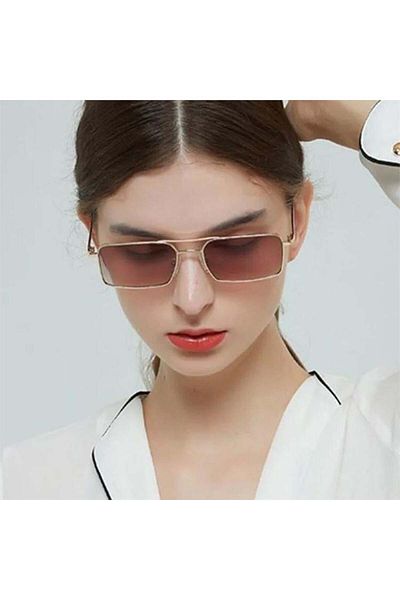 Köstebek Horizontal Sunglasses with Top Bridge Gold Frame and Brown Lenses