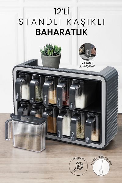 Kitchen Life 12-Piece Spice Rack Set with Stand, Self-Adhesive Lid and Spoon - Spice Rack with Handle and Label