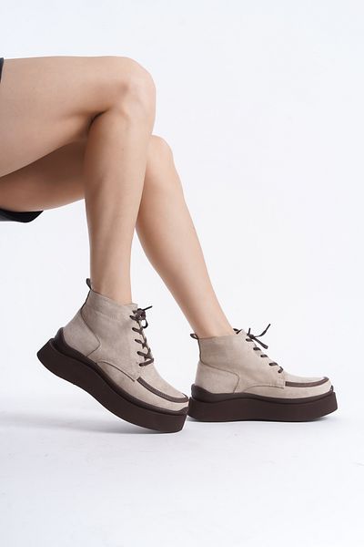 Lizzu Μπεζ καφέ γυναικείες φλατ μπότες - Lace-Up Design, Bacika