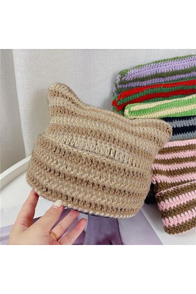 Köstebek Beige Camel Striped Knitted Beanie with Horn Detail