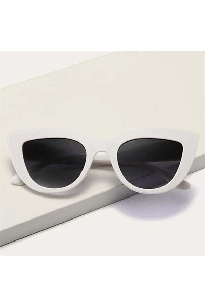 Köstebek Round Bone Cateye Sunglasses with White Frames and Black Lenses
