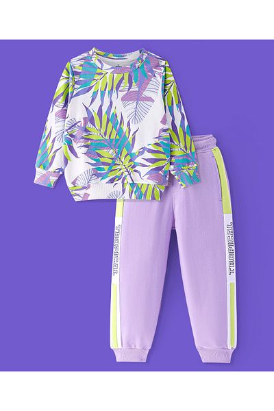 Ollington St. Ollington St. 100% Cotton Knit Full Sleeves Sweatshirt & Joggers Set Tropical Theme  - Multicolor