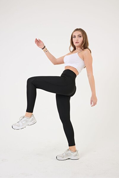 MrrMajestic Kadın Siyah Yüksek Bel Toparlayıcı Çift Cepli Dar Paça Spor Tayt