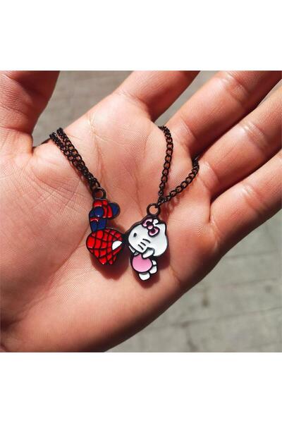 Köstebek Mıknatıslı Hello Kitty Ve Spider-Man Siyah Zincir Çift Kolye