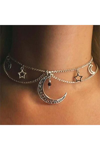 Köstebek Embroidered Half Moon Star Collage Detailed Chain Necklace