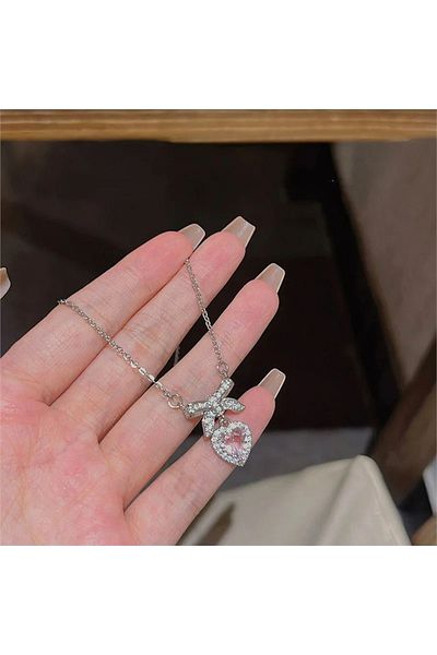 Köstebek Silver Colored Bow Heart Necklace