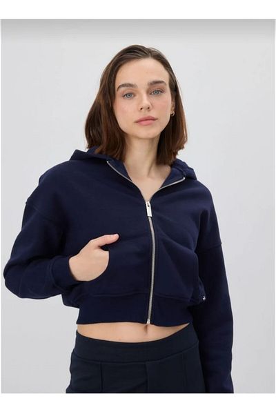 MODA FARİZE 100% памучен тъмносин къс кардиган с цип - 3 нишки с качулка
